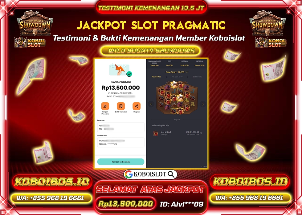 BUKTI KEMENANGAN Alvi***09 SLOT GACOR WILD BOUNTY SHOWDOWN Rp13.500.000,- LUNAS